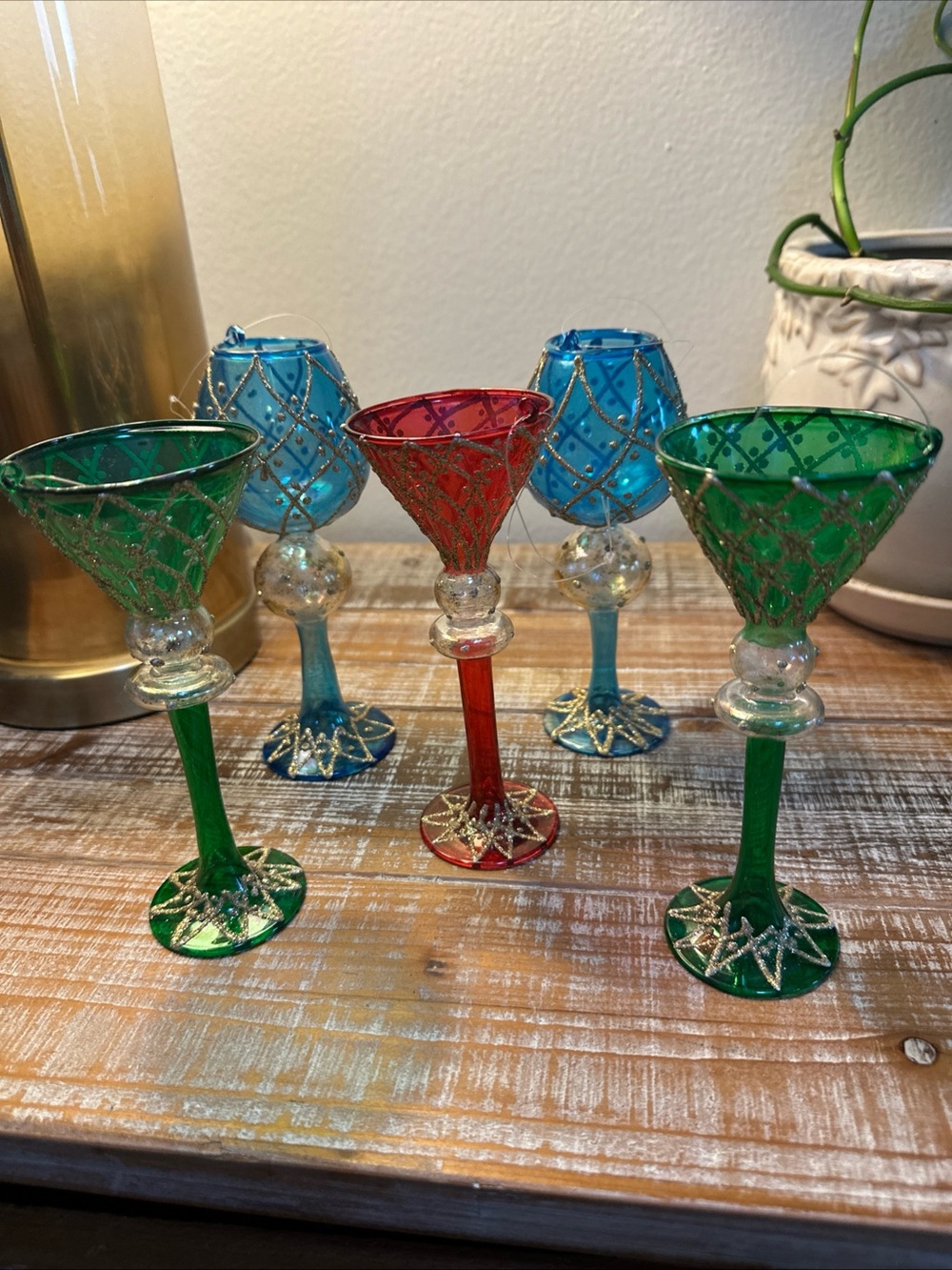 5 Venetian-Style Glass Goblet Christmas Ornament Raised Gold Lattice Vintage